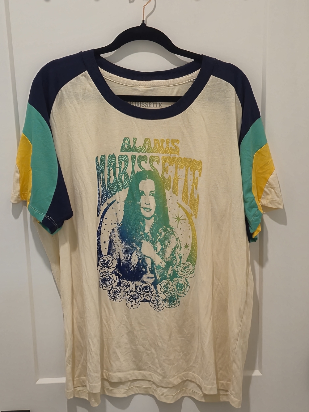 Blank NYC Marissette Short-Sleeve Raglan Tee in Cream with Navy, Teal & Yellow